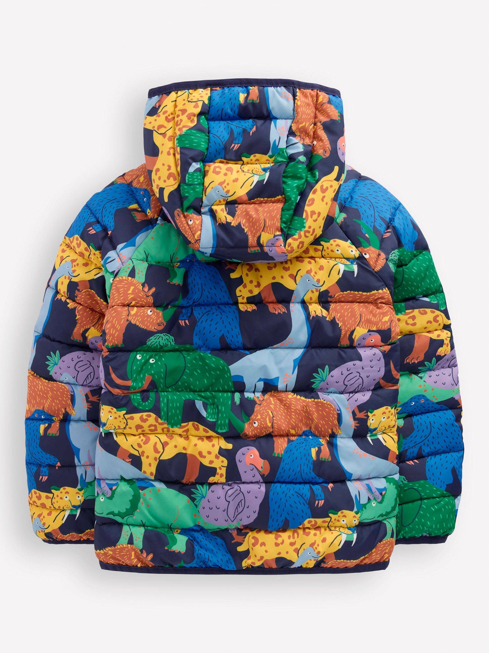 Product image 2 of 2, which shows Mini Boden Kids' Pack Away Padded Jacket, Prehistoric Animals, 10-11 years