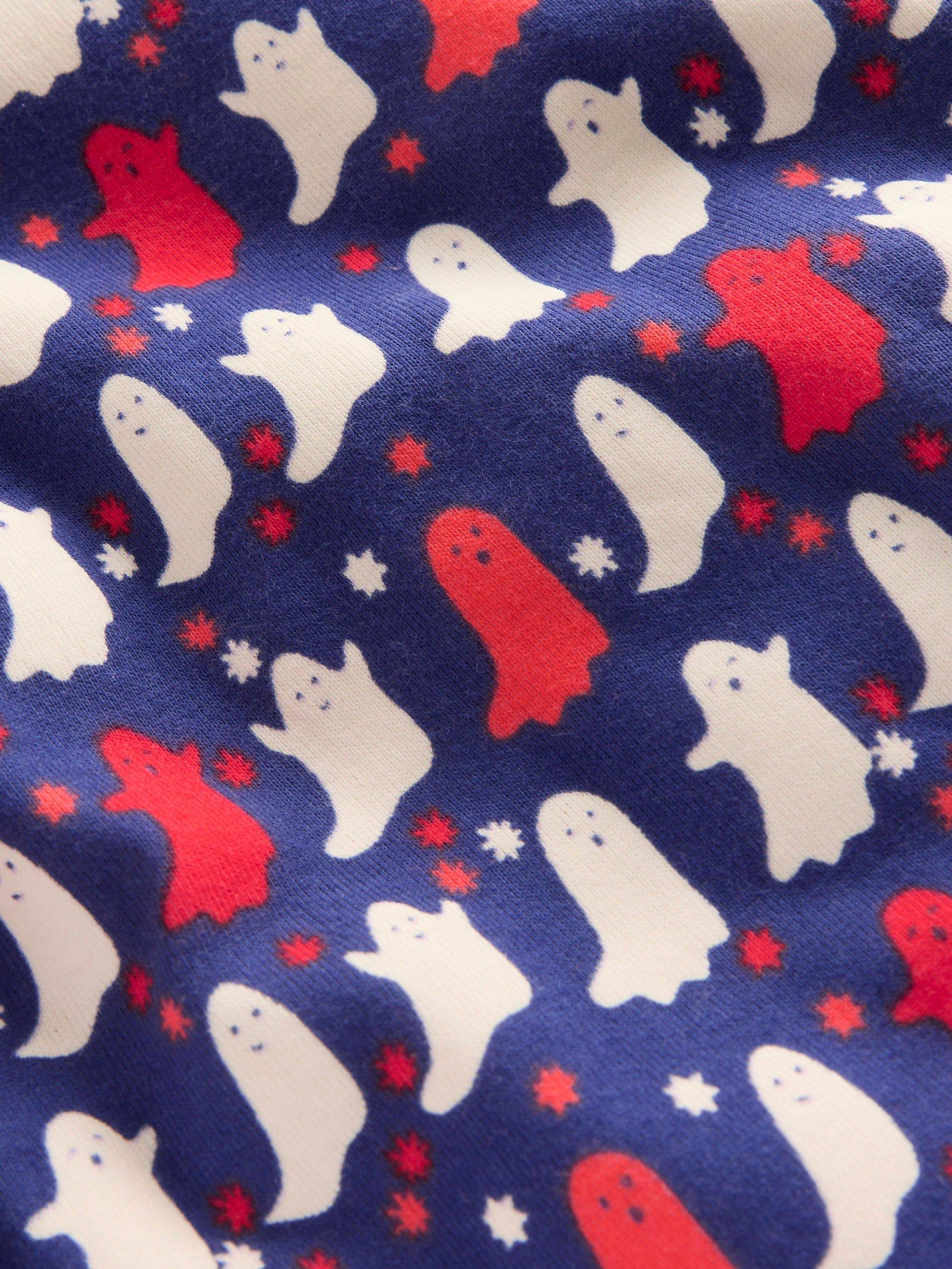 Product image 3 of 11, which shows Mini Boden Kids' Cotton Glow In The Dark Pyjamas, Blue Spooky Ghosts, 3 years
