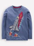 Mini Boden Kids' Cotton Long Sleeved Glow In The Dark T-Shirt, Robot Blue Rocket