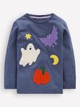Mini Boden Kids' Cotton Long Sleeved Applique T-Shirt, Robot Blue Halloween