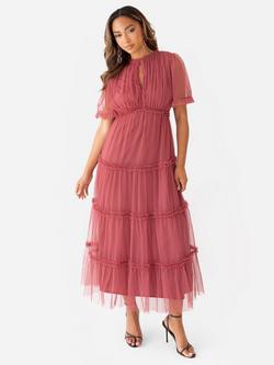 Anaya With Love Flutter Sleeve Keyhole Tulle Midaxi Dress, Garnet Rose, Garnet Rose