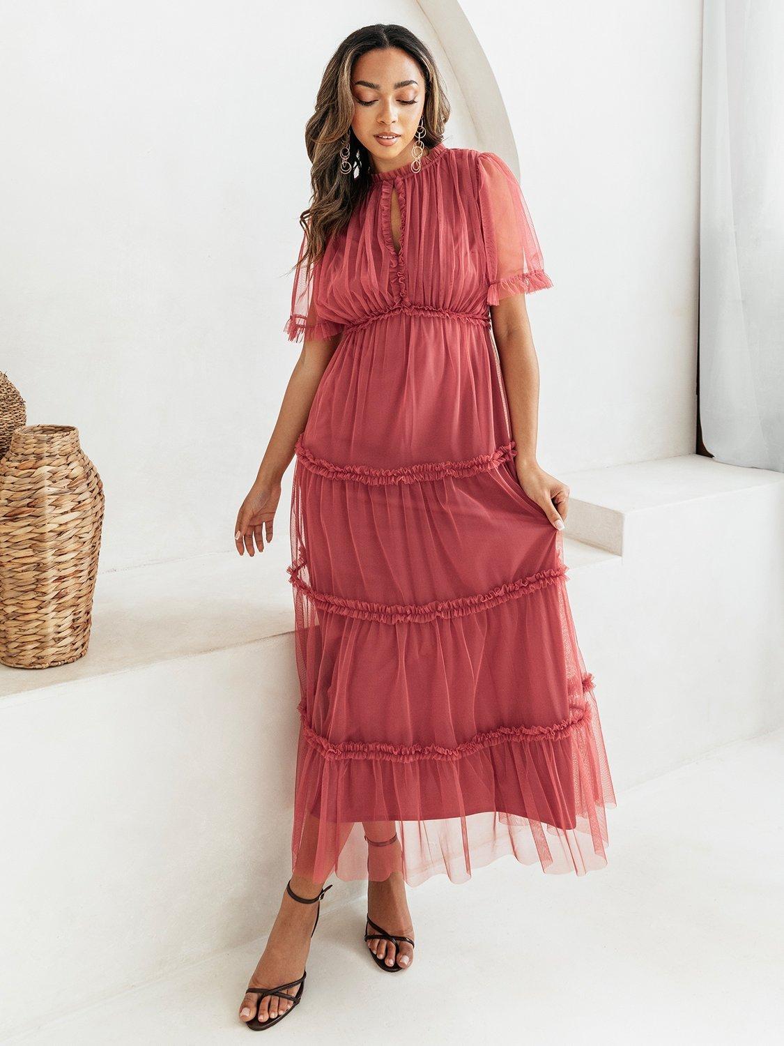 スーツ・フォーマル・ドレス acka volume tulle dress Azazie Oksana Plum A-Line V-Neck Pleated Chiffon Dress | Azazie