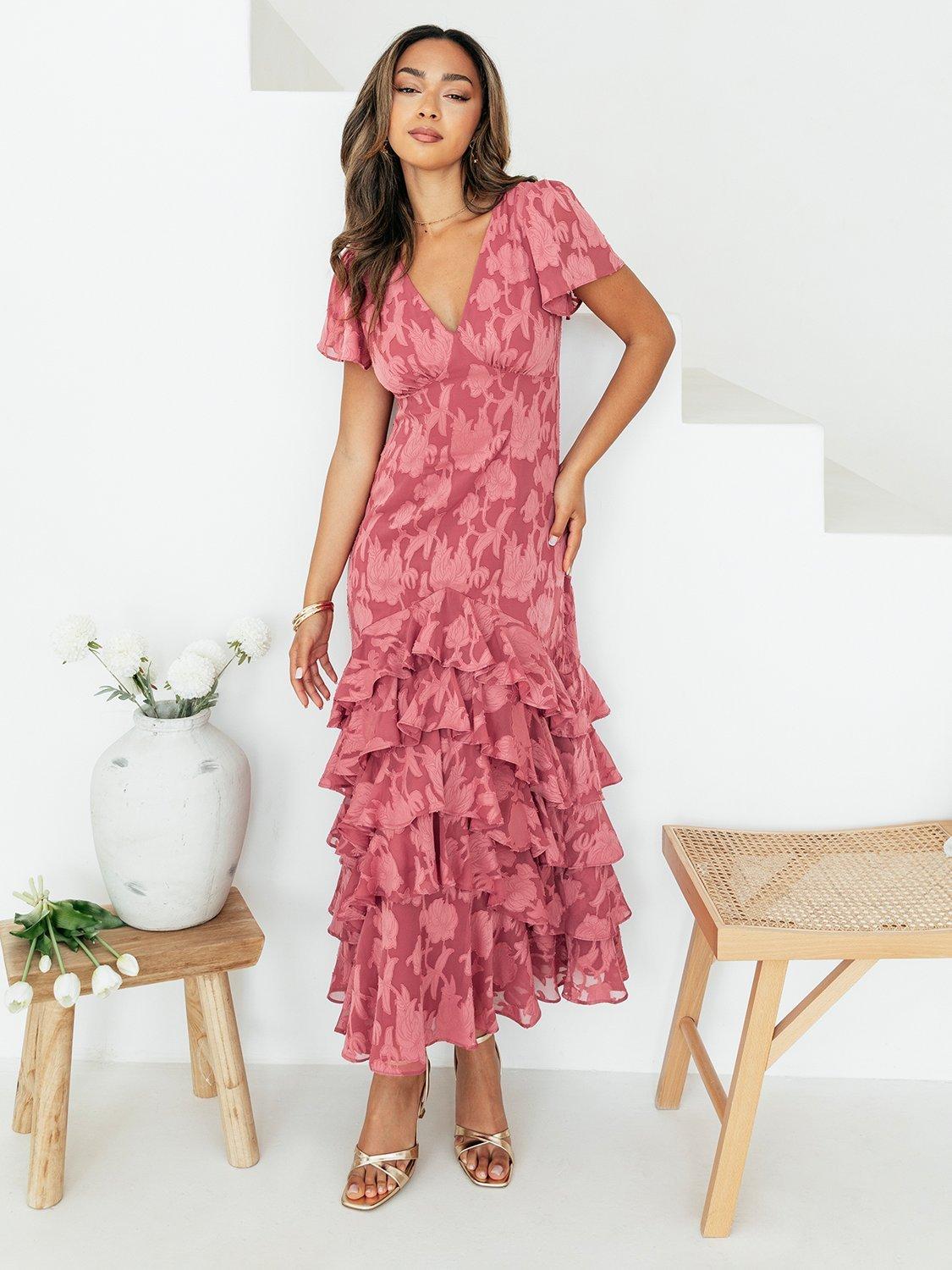Anaya With Love Floral Ruffle Midaxi Dress, Garnet Rose