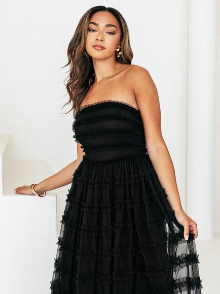 Anaya With Love Ruffle Bandeau Neck Midi Dress, Black - view 2, Black