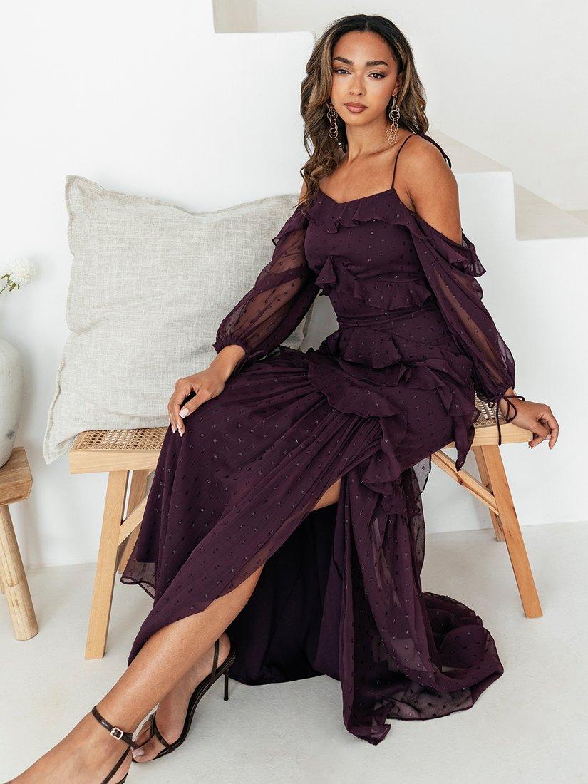 Product image 3 of 6, which shows Anaya With Love Cold Shoulder Ruffle Maxi Dress, Fig, 6
