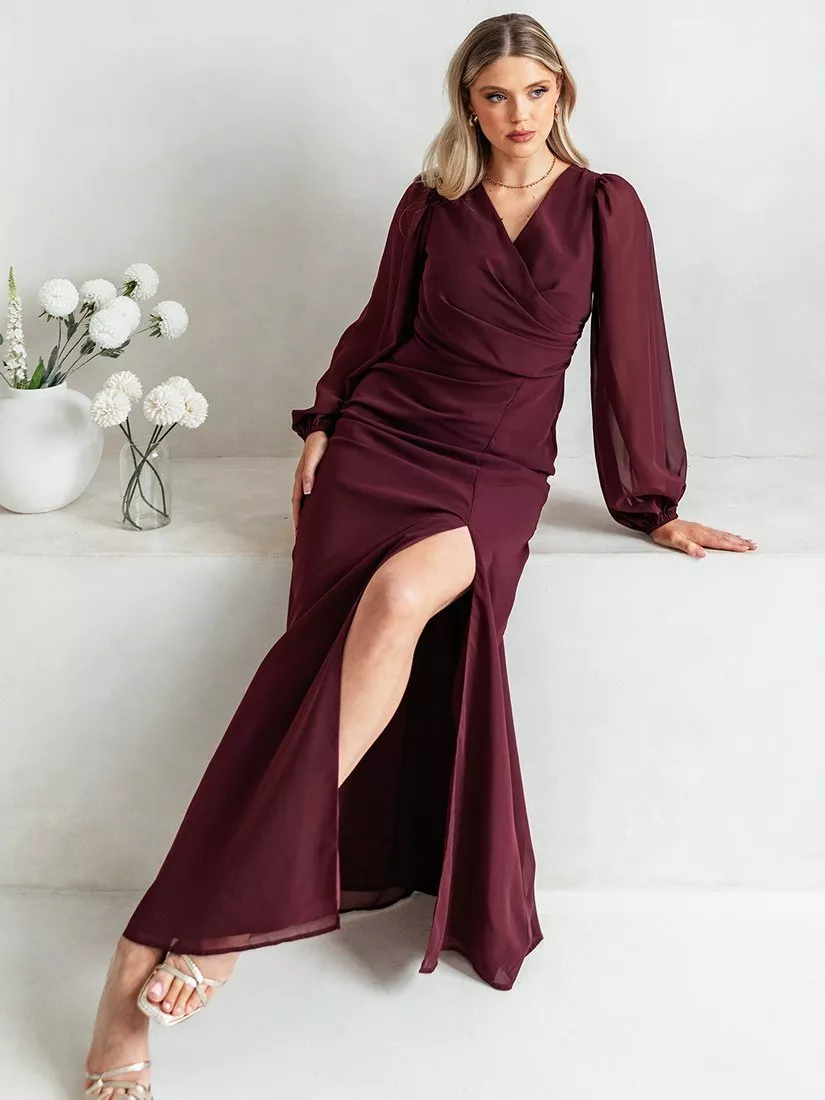 Anaya With Love Wrap Front Blouson Sleeve Maxi Dress, Maroon