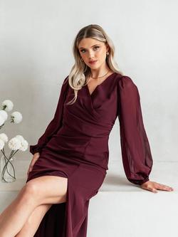 Anaya With Love Wrap Front Blouson Sleeve Maxi Dress, Maroon - view 2, Maroon