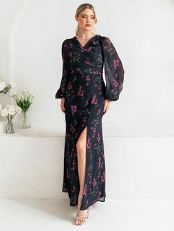 Anaya With Love Floral Wrap Front Blouson Sleeve Maxi Dress, Black, Black