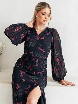 Anaya With Love Floral Wrap Front Blouson Sleeve Maxi Dress, Black - view 2, Black