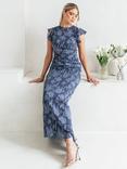 Anaya With Love Floral Flutter Sleeve Maxi Dress, Storm Blue