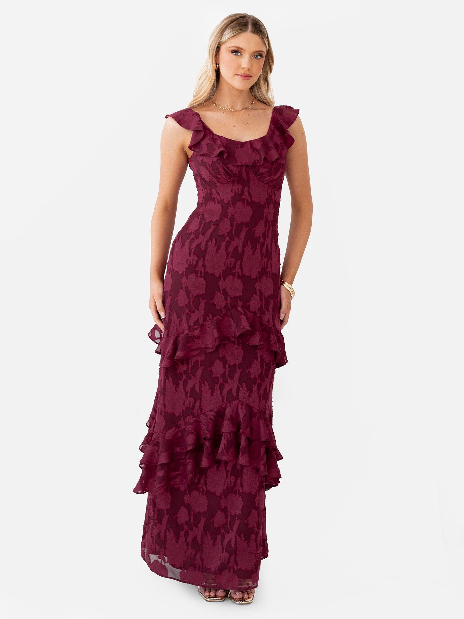 Product image 1 of 7, which shows Anaya With Love Tie Back Ruffle Maxi Dress, Dark Raspberry, 6