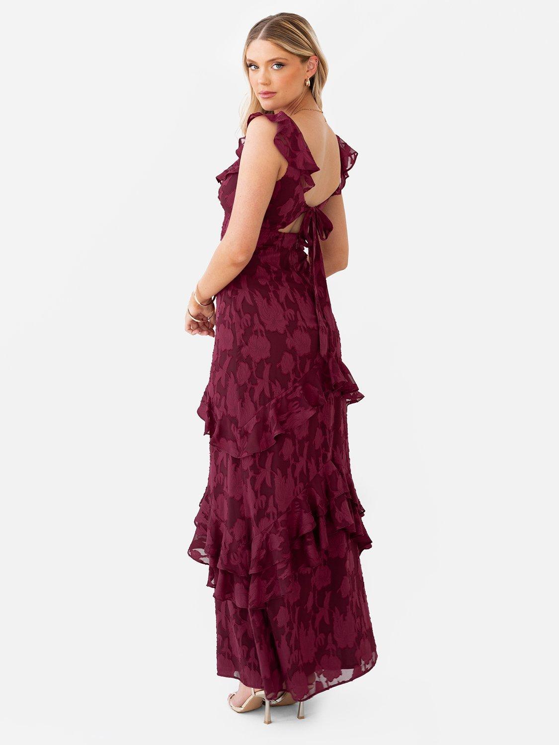 Product image 2 of 7, which shows Anaya With Love Tie Back Ruffle Maxi Dress, Dark Raspberry, 6