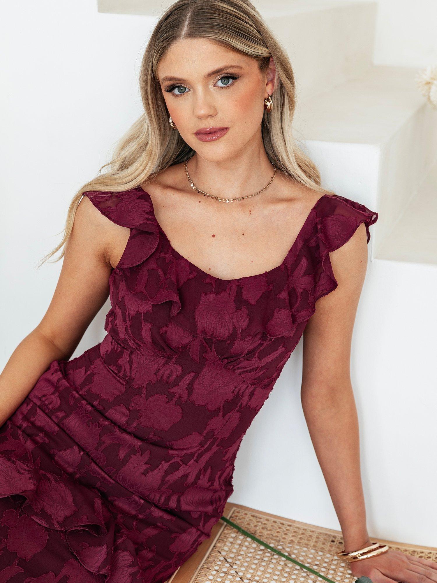Product image 3 of 7, which shows Anaya With Love Tie Back Ruffle Maxi Dress, Dark Raspberry, 6