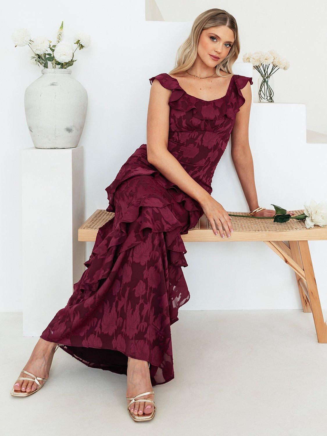 Product image 4 of 7, which shows Anaya With Love Tie Back Ruffle Maxi Dress, Dark Raspberry, 6