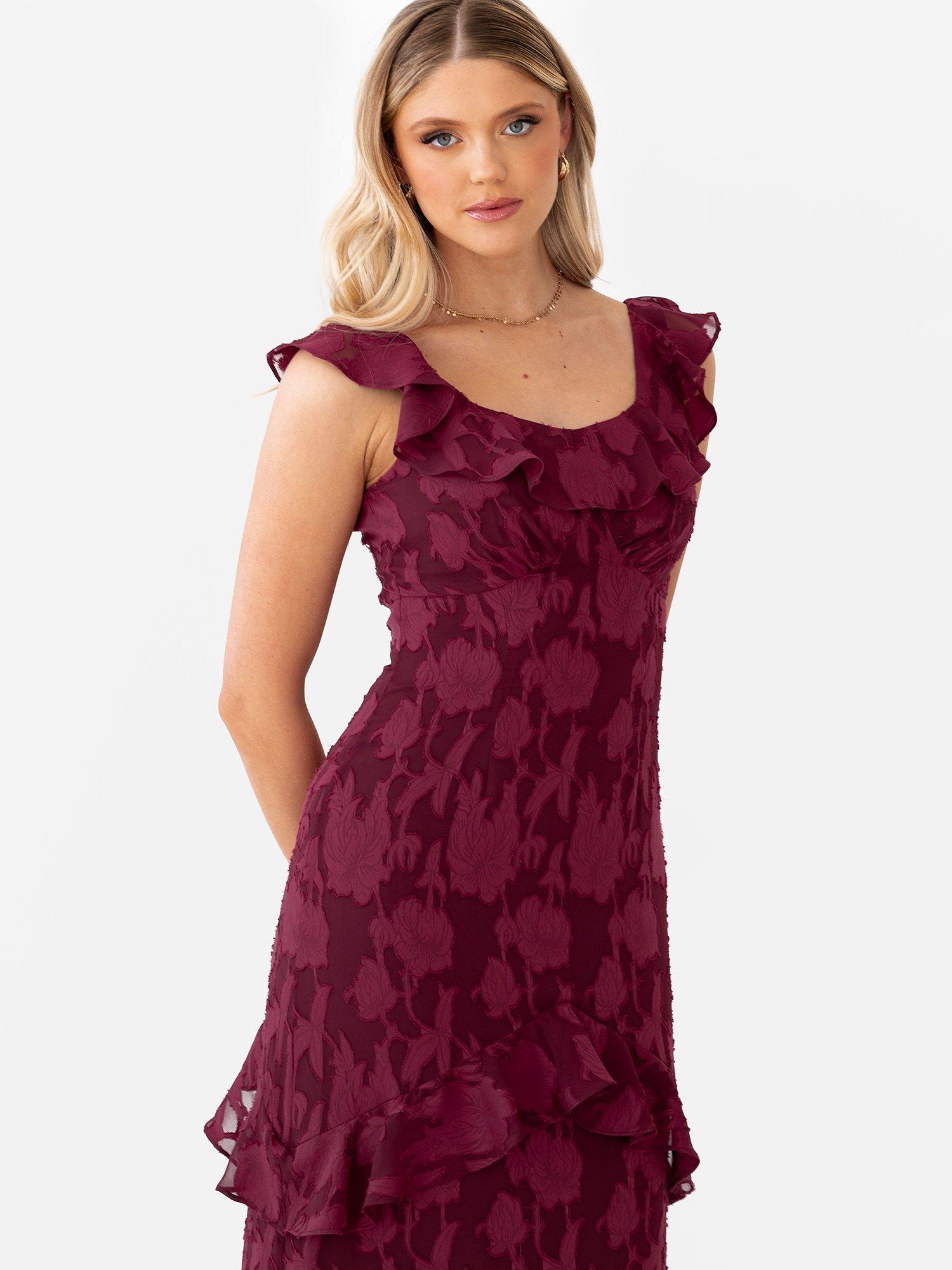 Product image 5 of 7, which shows Anaya With Love Tie Back Ruffle Maxi Dress, Dark Raspberry, 6