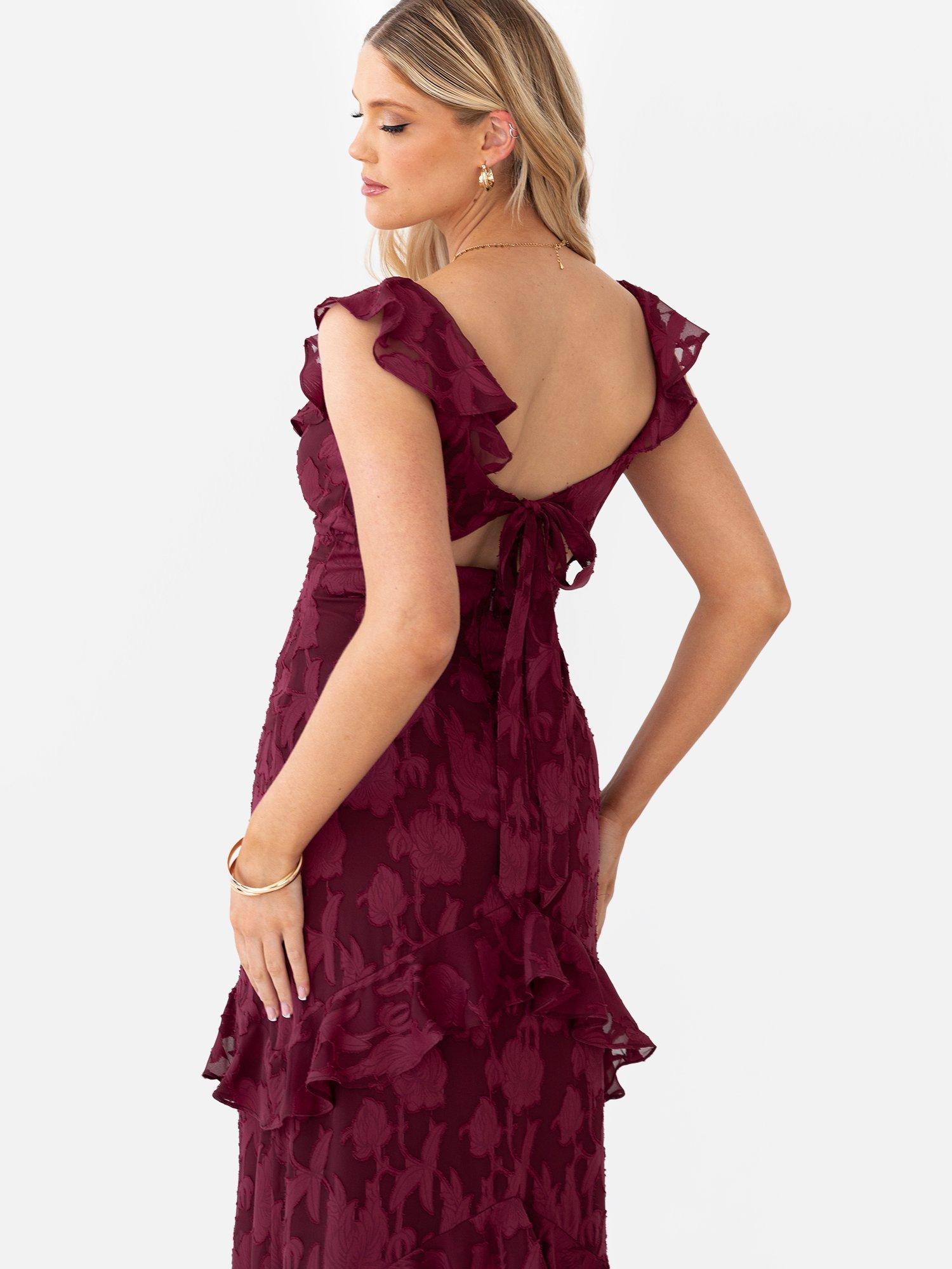 Product image 6 of 7, which shows Anaya With Love Tie Back Ruffle Maxi Dress, Dark Raspberry, 6