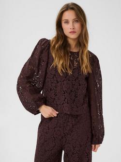 KAFFE Nomi Cotton Blend Floral Long Sleeve Round Neck Lace Blouse, Mid Red