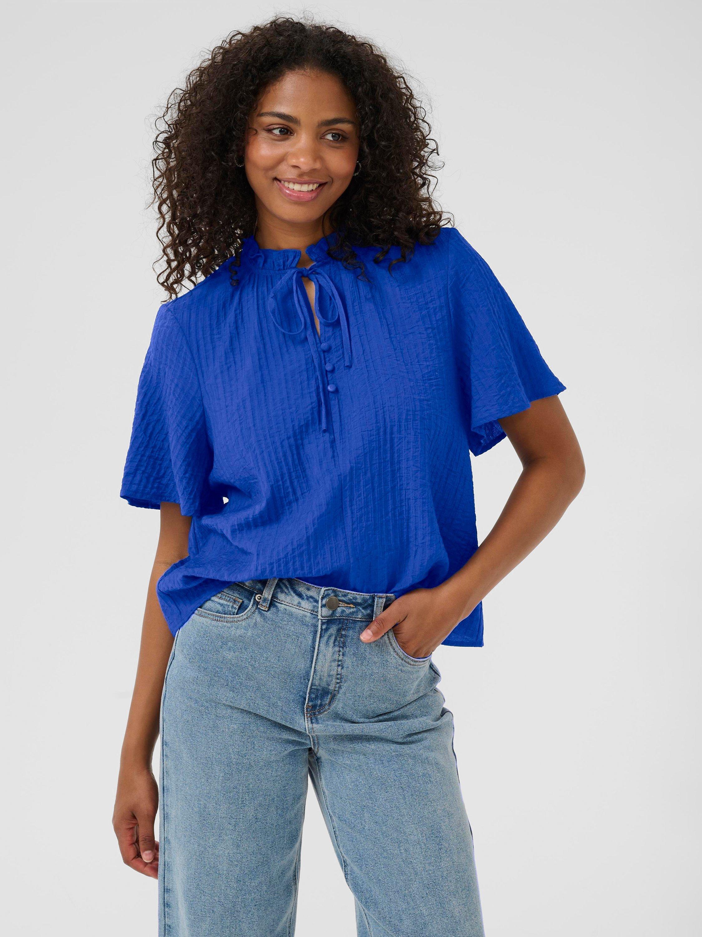 Product image 1 of 6, which shows KAFFE Lianna Short Sleeve Tie Neck Blouse, Mid Blue, 10