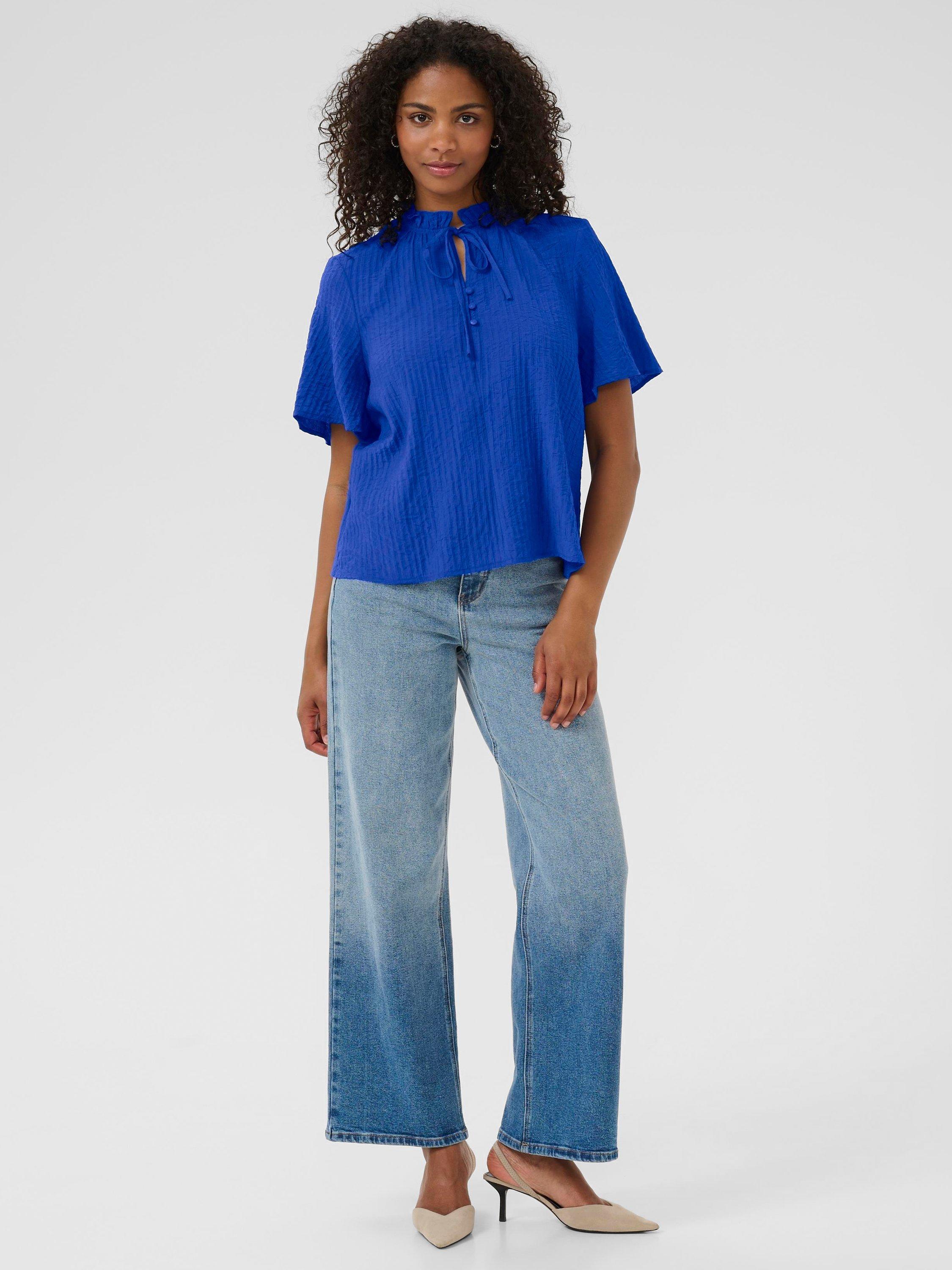 Product image 3 of 6, which shows KAFFE Lianna Short Sleeve Tie Neck Blouse, Mid Blue, 10