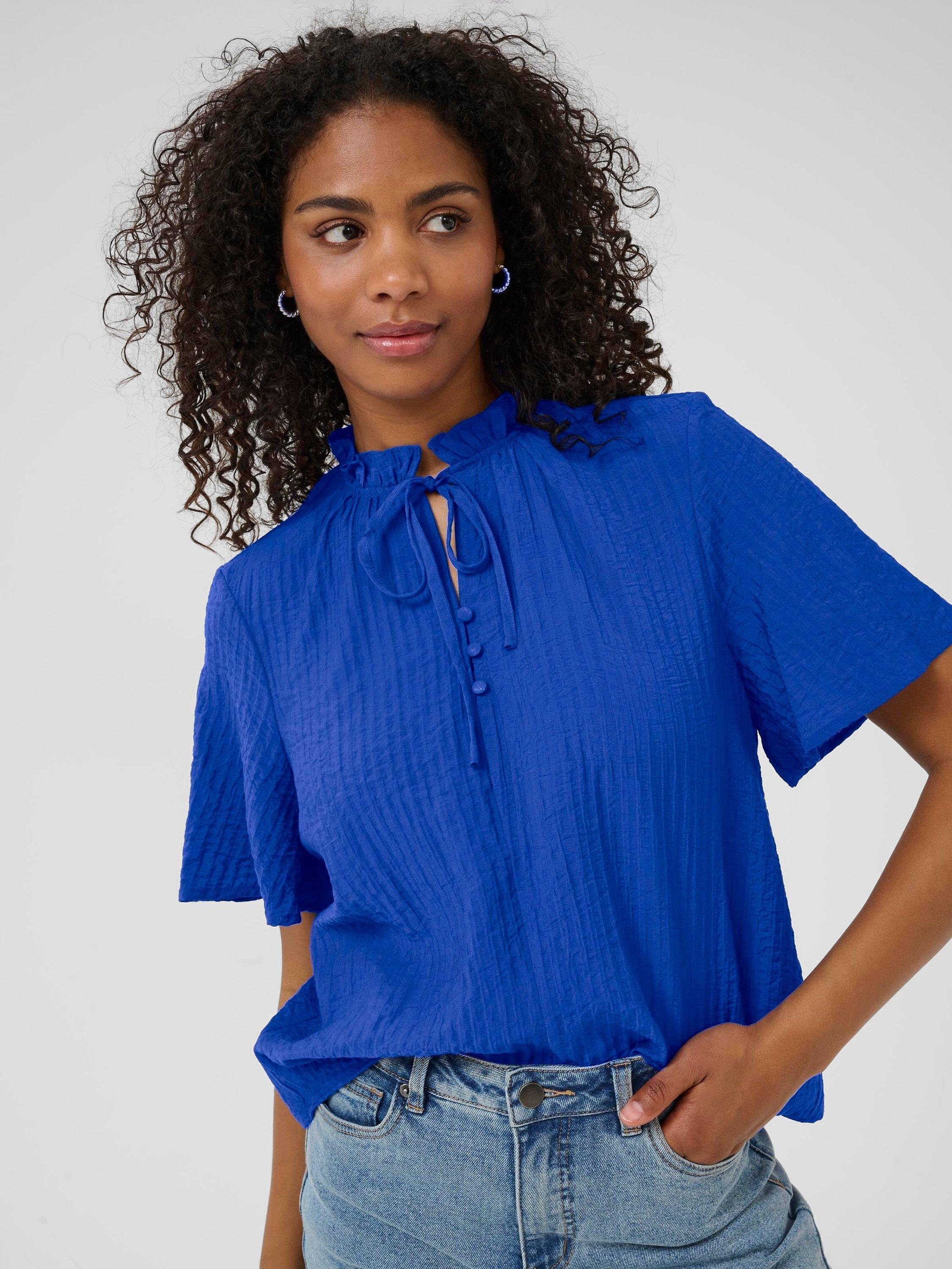 Product image 4 of 6, which shows KAFFE Lianna Short Sleeve Tie Neck Blouse, Mid Blue, 10