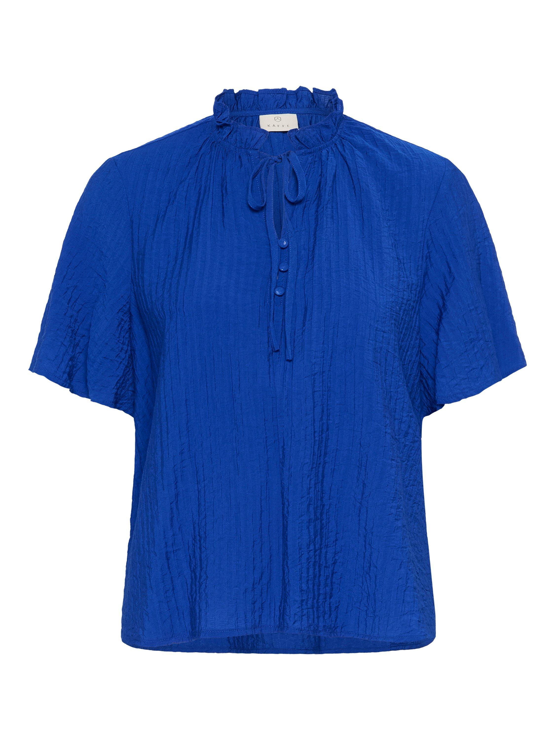 Product image 5 of 6, which shows KAFFE Lianna Short Sleeve Tie Neck Blouse, Mid Blue, 10