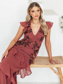 Maya Deluxe V-Neck Embellished Maxi Dress, Copper Rose - view 2, Copper Rose
