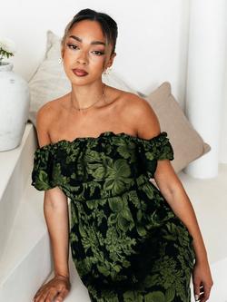 Maya Deluxe Floral Jacquard Bardot Midaxi Dress, Black/Green - view 2, Black/Green