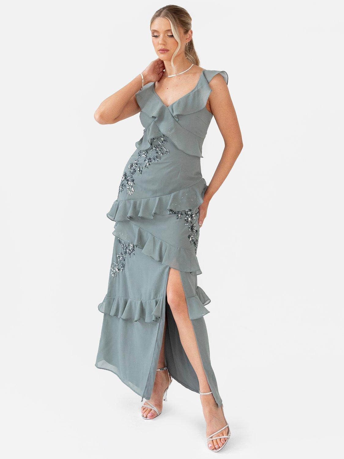 Maya Deluxe Embellished Ruffle Maxi Dress, Misty Green