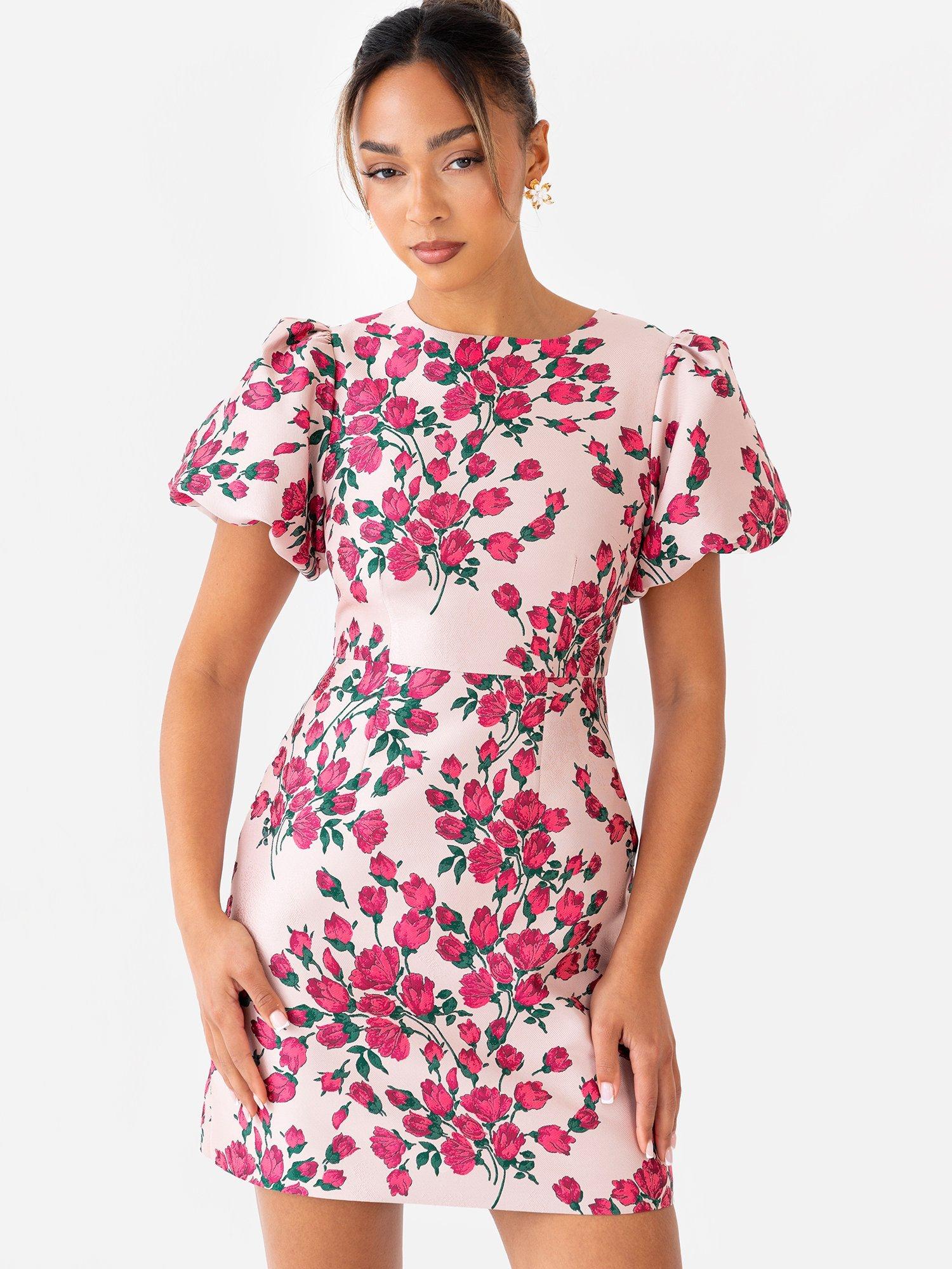 strapless open back dress Sweet Sensation Pink Floral Puff Sleeve Bodycon Mini Dress main image 1
