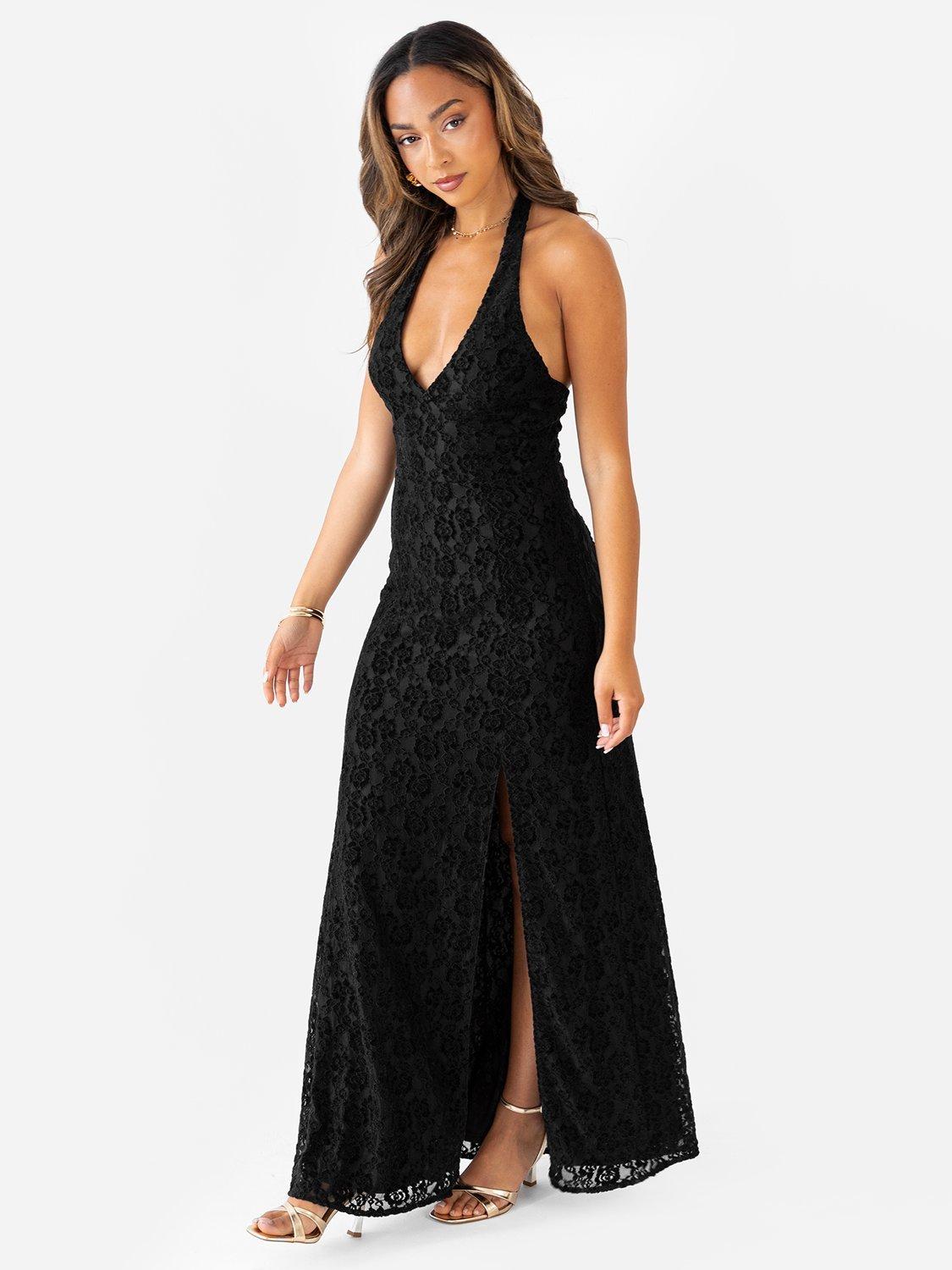 Product image 1 of 6, which shows Maya Deluxe Lace Halterneck Maxi Dress, Black, 6