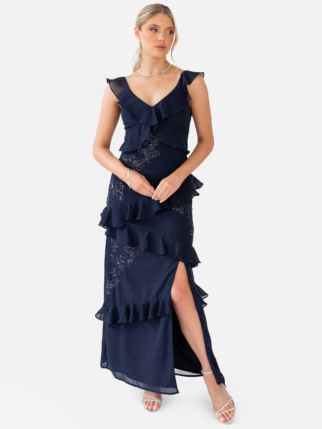 Product image 1 of 7, which shows Maya Deluxe Embellished Ruffle Maxi Dress, Navy, 6
