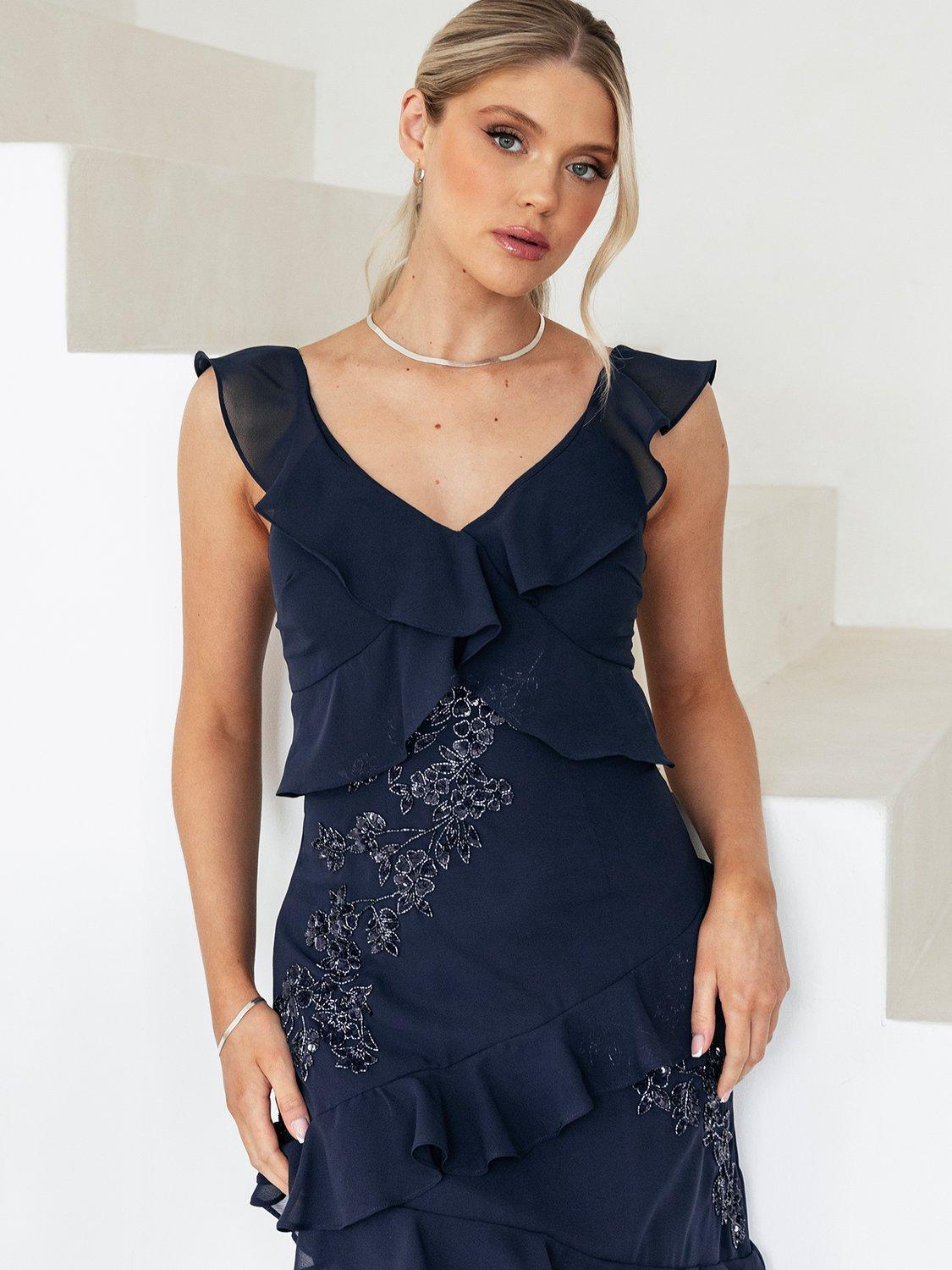 Product image 2 of 7, which shows Maya Deluxe Embellished Ruffle Maxi Dress, Navy, 6