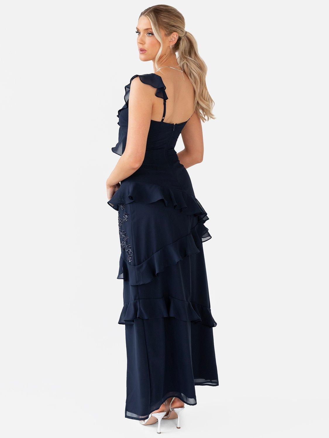 Product image 5 of 7, which shows Maya Deluxe Embellished Ruffle Maxi Dress, Navy, 6