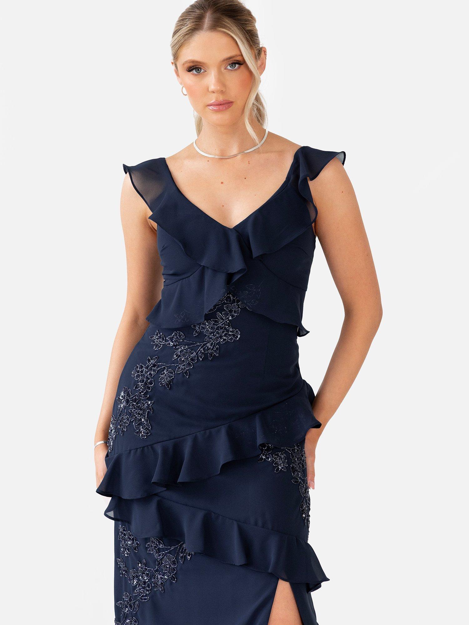 Product image 6 of 7, which shows Maya Deluxe Embellished Ruffle Maxi Dress, Navy, 6