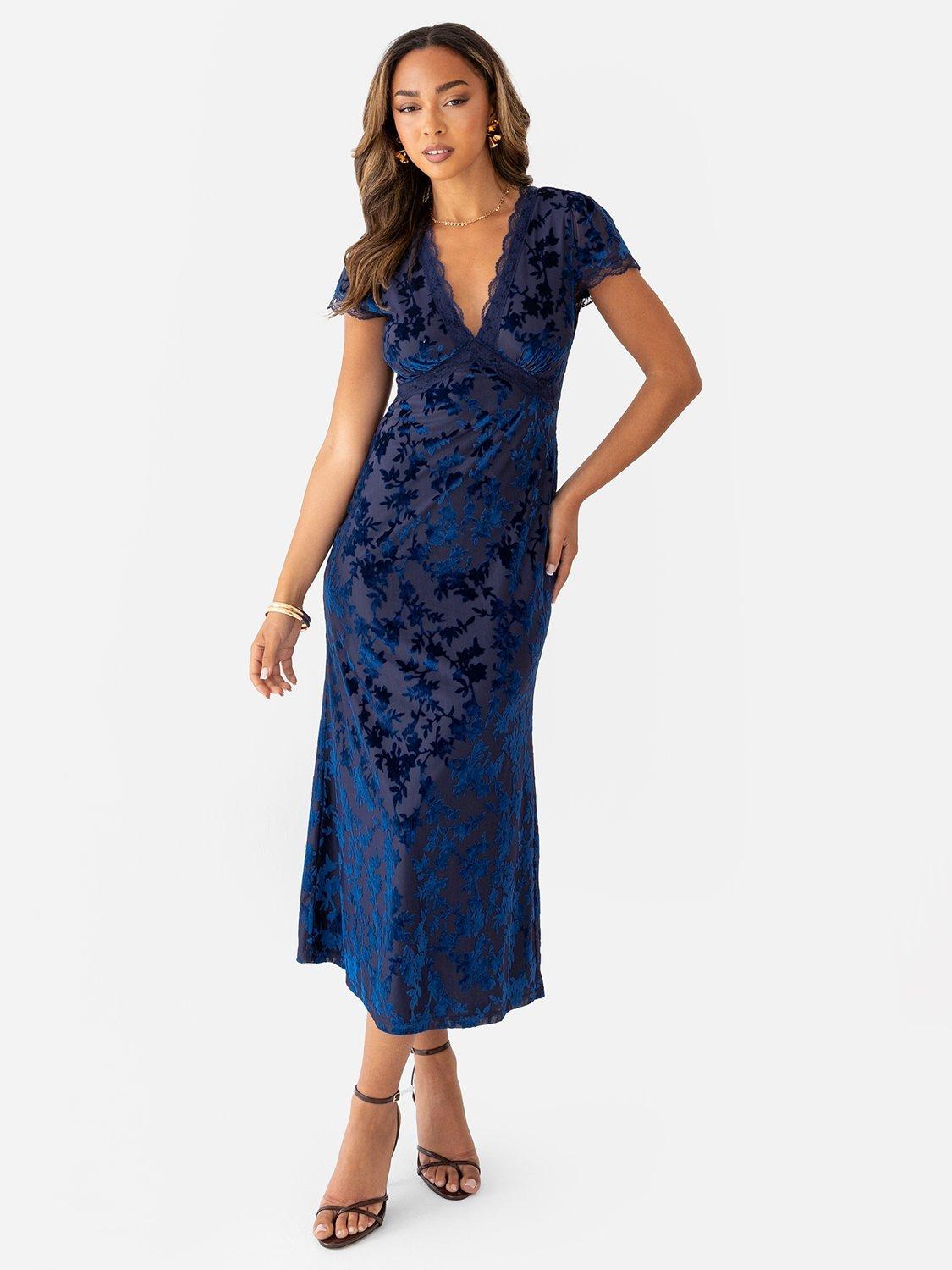 Maya Deluxe Floral Velvet Midi Dress, Navy