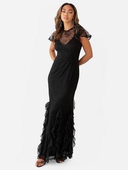 Maya Deluxe Lace Flutter Sleeve Maxi Dress, Black, Black