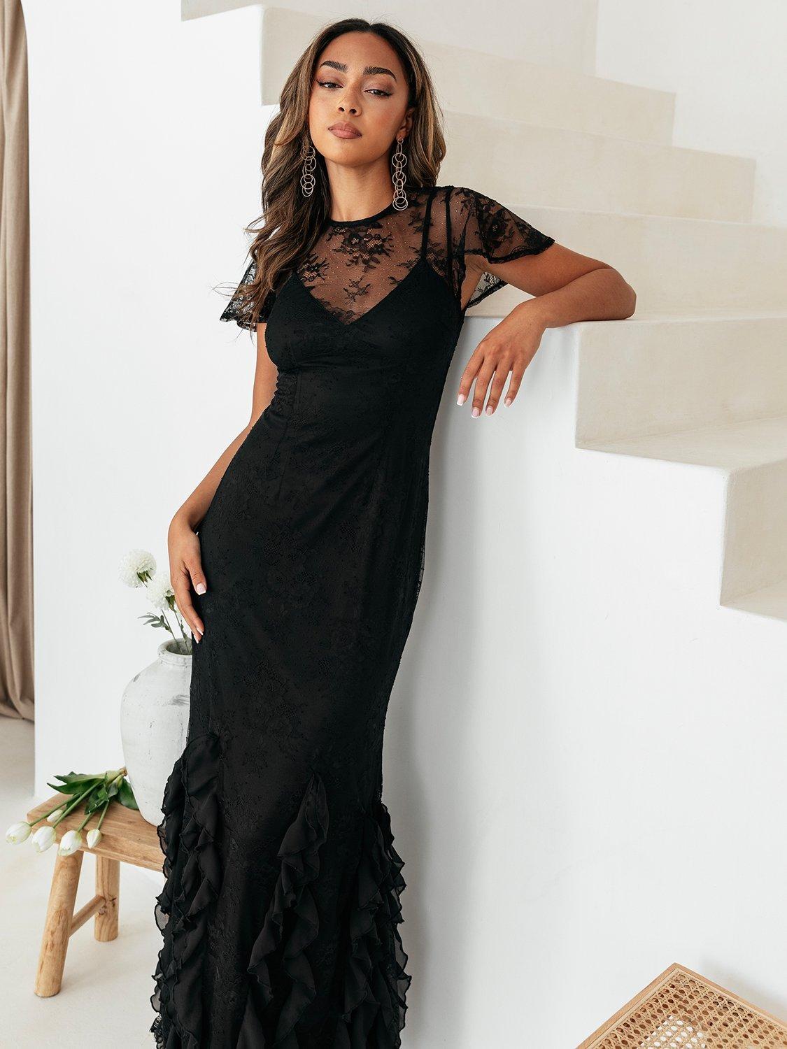 Product image 3 of 6, which shows Maya Deluxe Lace Flutter Sleeve Maxi Dress, Black, 6