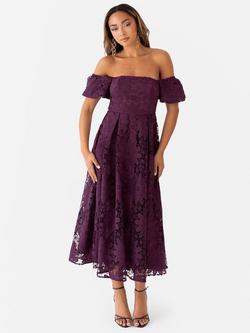 Maya Deluxe Lace Bardot Puff Sleeve Midaxi Dress, Plum, Plum