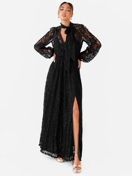 Maya Deluxe Lace Tie Neck Blouson Maxi Dress, Black, Black