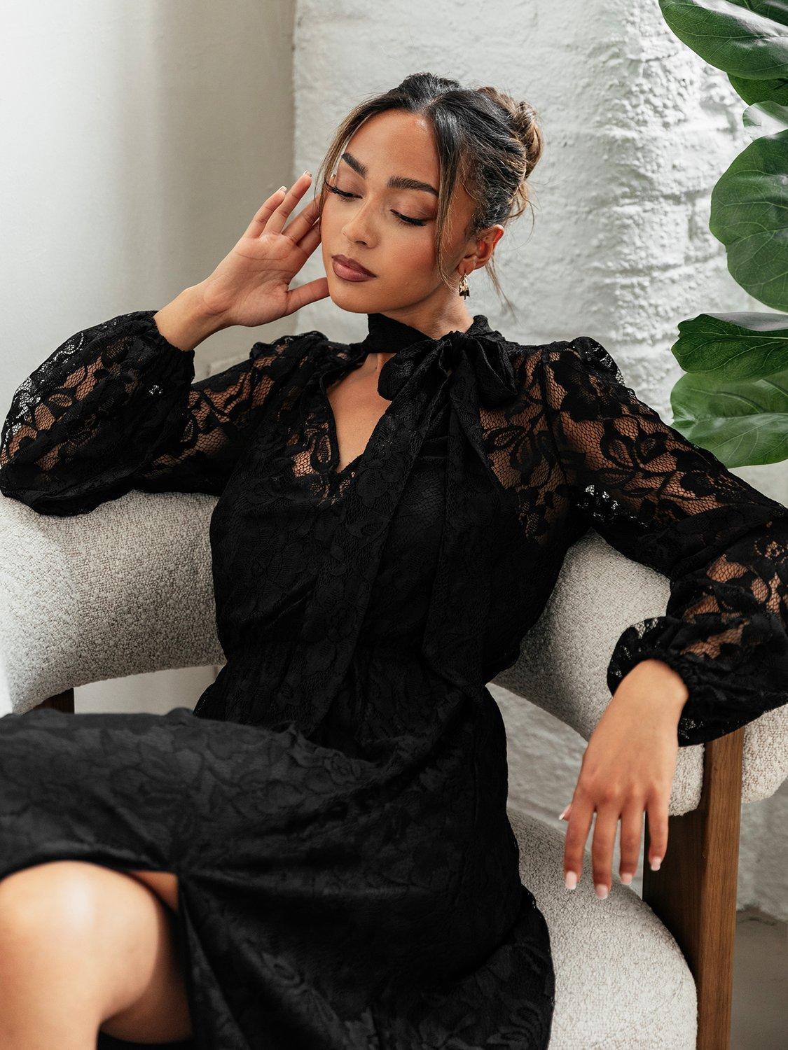 Maya Deluxe Lace Tie Neck Blouson Maxi Dress, Black