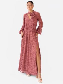 Maya Deluxe Lace Tie Neck Blouson Maxi Dress, Copper Rose, Copper Rose