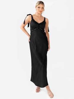 Maya Deluxe Tie Shoulder Lace Trim Satin Midaxi Dress, Black, Black