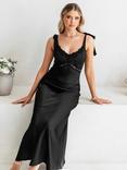 Maya Deluxe Tie Shoulder Lace Trim Satin Midaxi Dress, Black