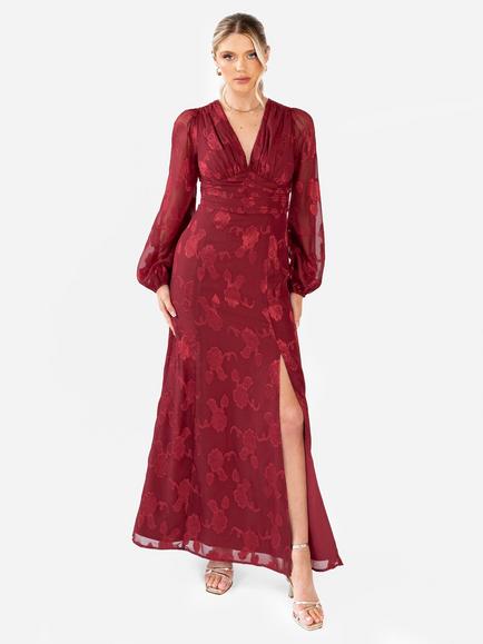 Maya Deluxe V-Neck Blouson Sleeve Maxi Dress, Deep Red, Deep Red