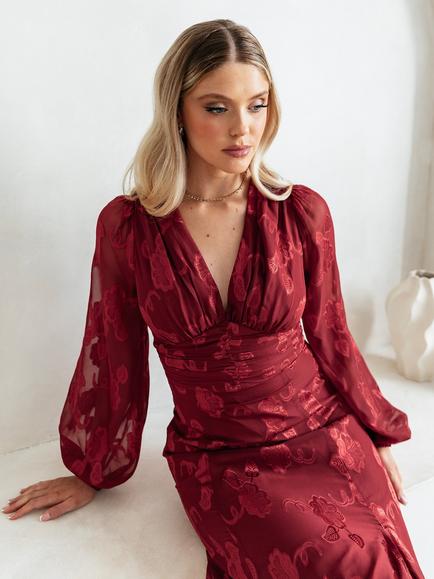 Maya Deluxe V-Neck Blouson Sleeve Maxi Dress, Deep Red - view 2, Deep Red