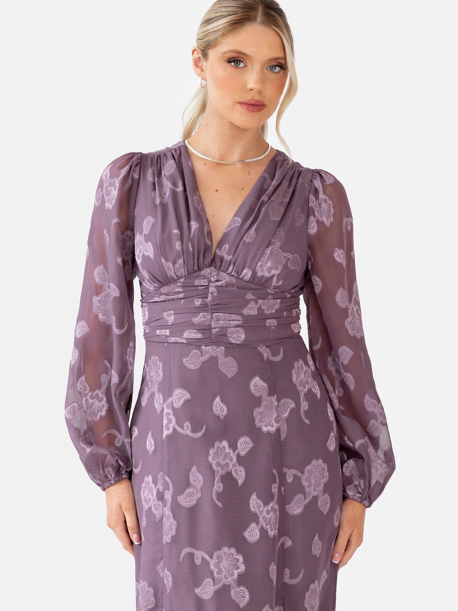 Maya Deluxe Maxi-jurk voor dames, V-hals, korte pofmouwen, pailletten, versierd met twist aan de voorkant, tule A-lijn, bruidsmeisje, baljurk, Cranberry, 38