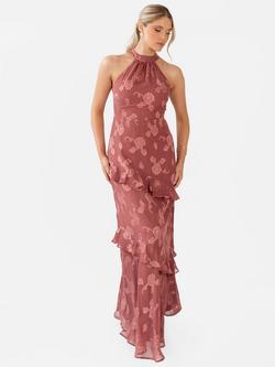 Maya Deluxe Floral Jacquard Halterneck Maxi Dress, Copper Rose, Copper Rose