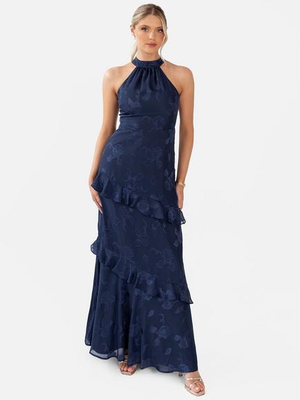 Maya Deluxe Floral Halterneck Maxi Dress, Navy, Navy