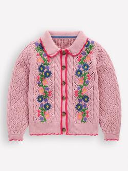 Mini Boden Kids' Cotton Embroidered Cardigan, Vintage Pink, Vintage Pink