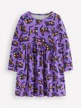 Mini Boden Kids' Cotton Long Sleeved Heart Pocket Dress, Purple Spooky Cats